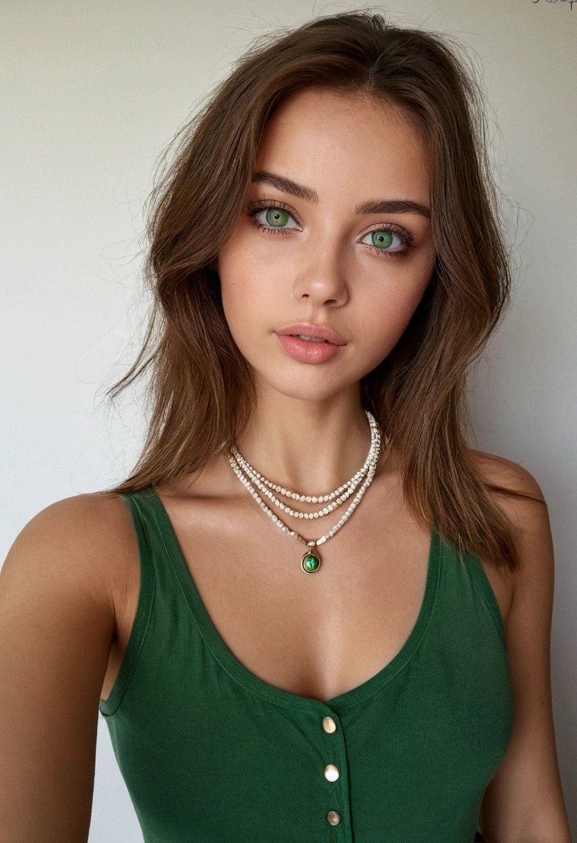 femme arafée avec un débardeur blanc et un collier, Fille sexy aux yeux verts, Portrait Sophie Mudd, cheveux bruns et grands yeux, selfie d'une jeune femme, yeux de la chambre, violette myers, sans maquillage, maquillage naturel, regarder directement la caméra, visage avec artgram, maquillage subtil, stunning tout le corps shot, yeux verts perçants, bel angle, pose attrayante, jolie fille, pose sexy, tout le corps picture, tout le corps, tout le corps shoot, déesse brune, Détails élevés, Pose satisfaite, pantalon en cuir