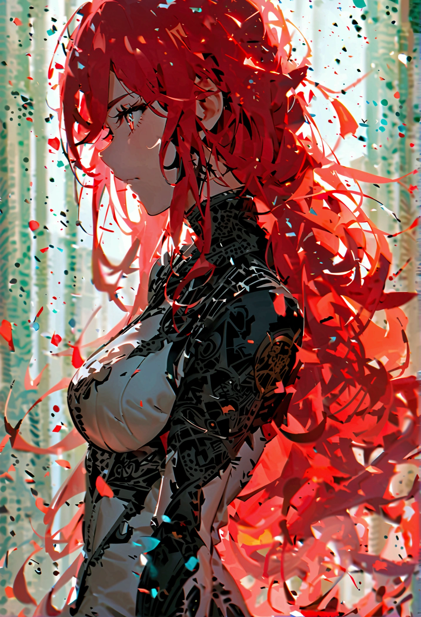 {{{anime style}}}, {{masterpeace}}, {{best quality}}, personagem anime. 1 garota, {{{cabelos longos vermelhos}}}.{{{ruby red hair}}}, {{{Olhos vermelho com dourado}}}.red and gold eyes, super linda. ela está sorrindo, full body, she is standing, ((clean background)) {{{white background}}}, {big breast}