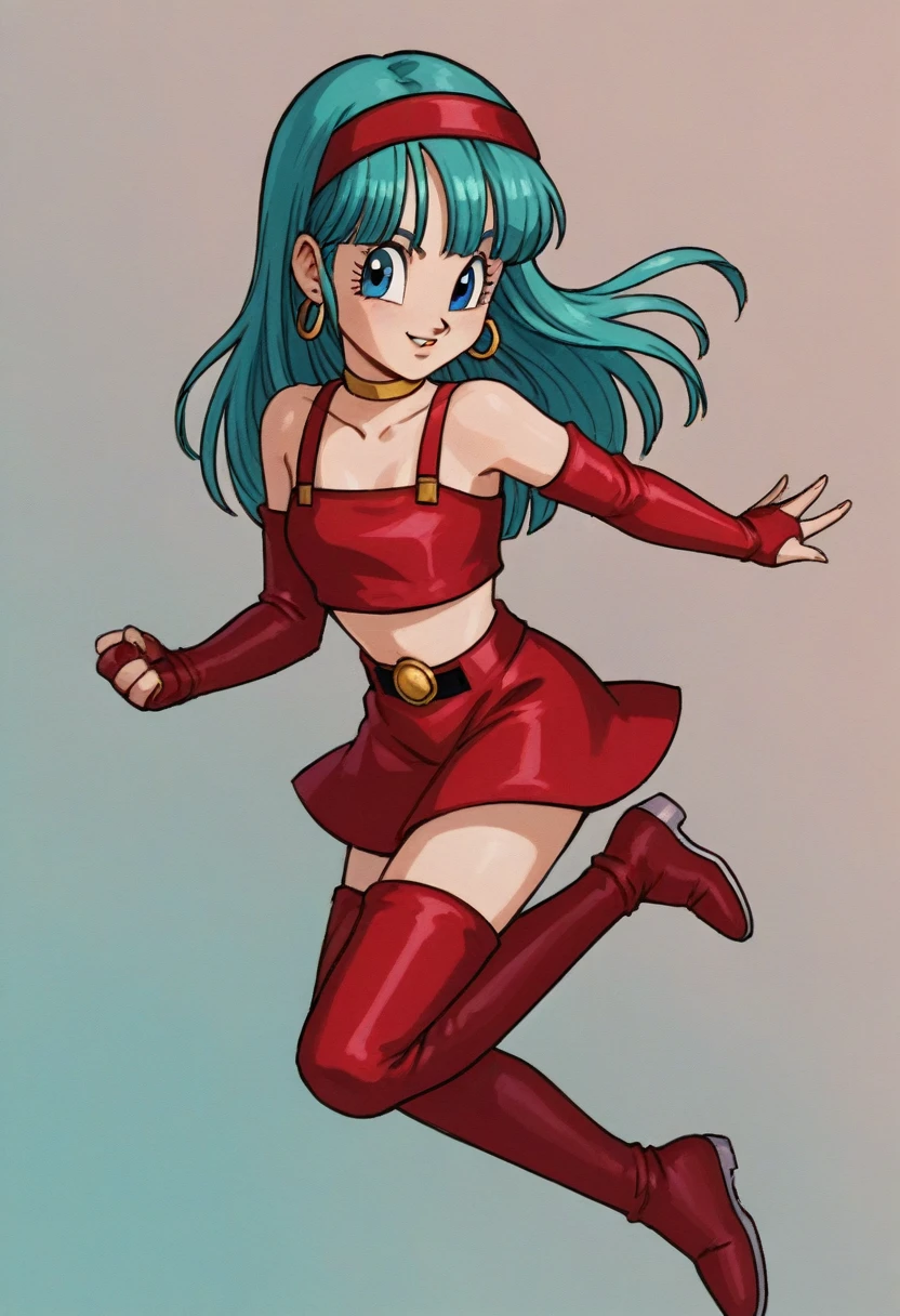 bulla, red thigh high boots, 1girl, solo, bare shoulders, eyebrows, blunt bangs, eyelashes, fingerless gloves, red hairband, red crop top, red gloves, pointy nose, portrait, elbow gloves, choker, collarbone, anime coloring, 1990s \(style\), retro artstyle, bridal gauntlets, bulla, long hair, straight hair, aqua hair, blue eyes, dancing, jump, ballet