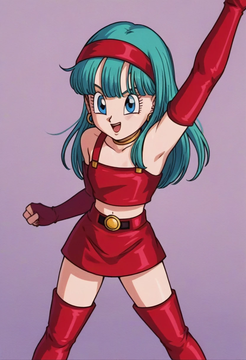 bulla, red thigh high boots, 1girl, solo, bare shoulders, eyebrows, blunt bangs, eyelashes, fingerless gloves, red hairband, red crop top, red gloves, pointy nose, portrait, elbow gloves, choker, collarbone, anime coloring, 1990s \(style\), retro artstyle, bridal gauntlets, bulla, long hair, straight hair, aqua hair, blue eyes, dancing, jump, ballet