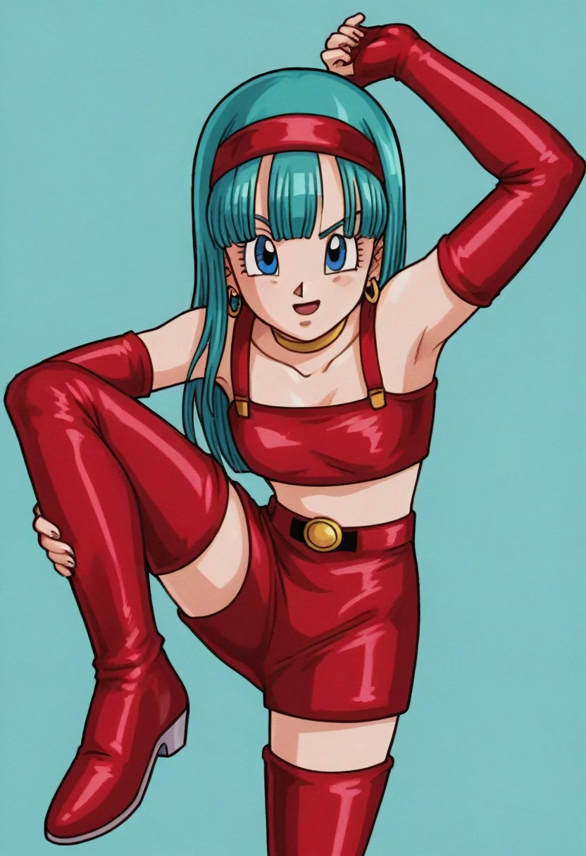 bulla, red thigh high boots, 1girl, solo, bare shoulders, eyebrows, blunt bangs, eyelashes, fingerless gloves, red hairband, red crop top, red gloves, pointy nose, portrait, elbow gloves, choker, collarbone, anime coloring, 1990s \(style\), retro artstyle, bridal gauntlets, bulla, long hair, straight hair, aqua hair, blue eyes, dancing, jump, ballet