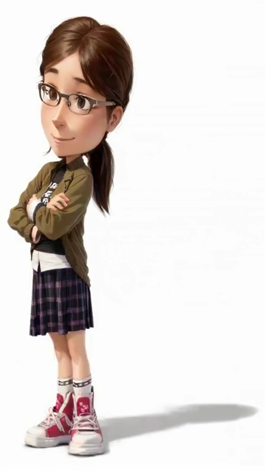 a cartoon girl with a ponytail, in a checkerprint skirt, and glasses standing with her arms crossed