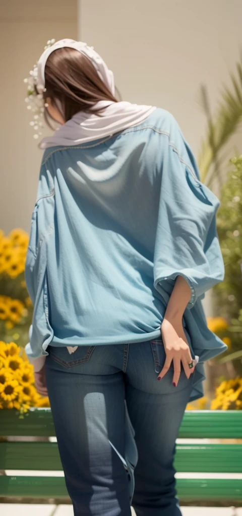 A woman wearing flared jeans and a full white hijab, full body photography from the back, long and wide leg jeans, a big butt, and a wide leg