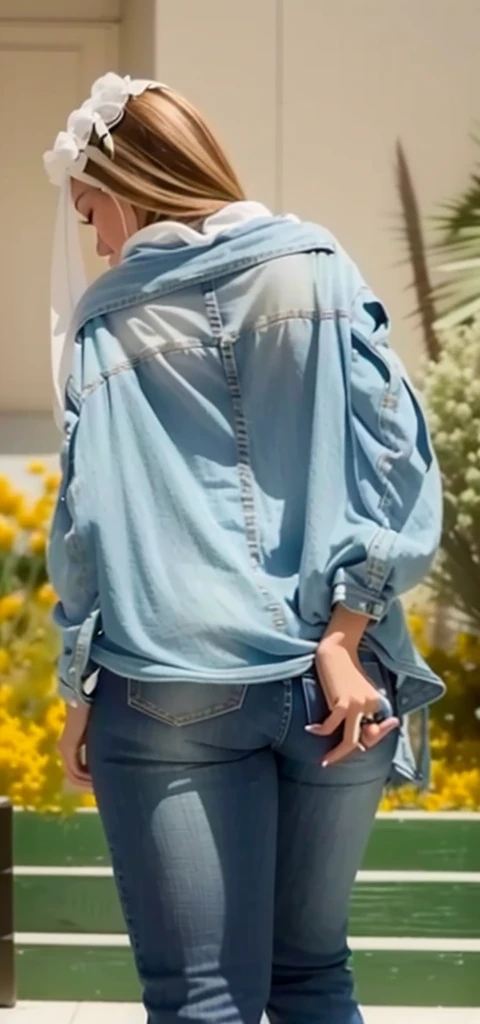 A woman wearing flared jeans and a full white hijab, full body photography from the back, long and wide leg jeans, a big butt, and a wide leg