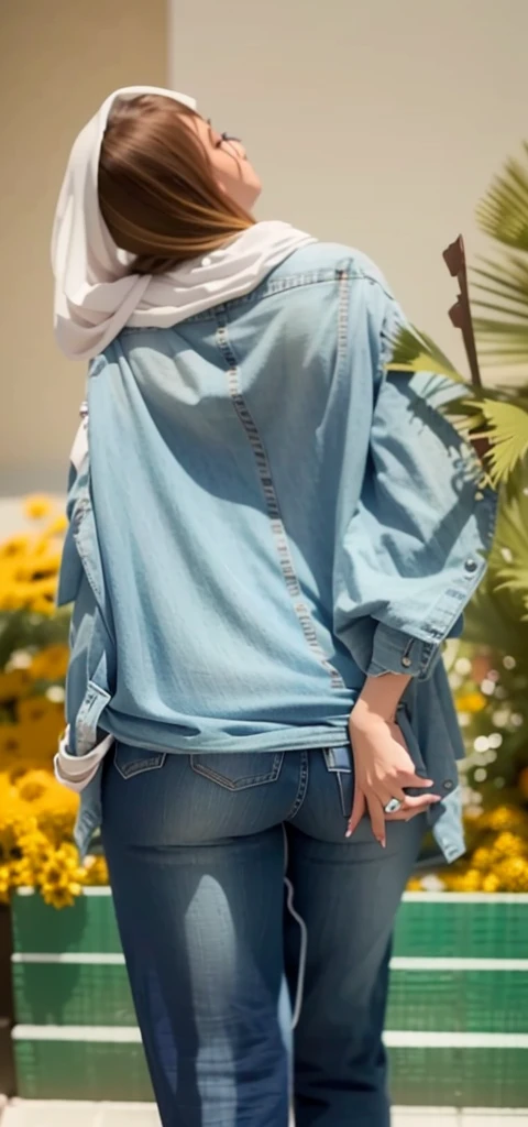  A woman wearing flared jeans and a full white hijab, full body photography from the back, long and wide leg jeans, a big butt, and a wide leg