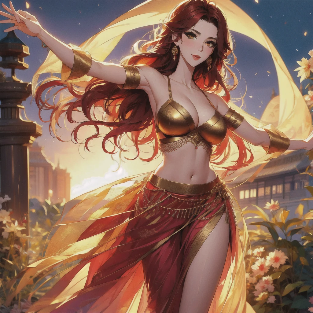 (masterpiece, best quality: 1.2), 1 female, solo, dancing alone, Xian Mei, unique golden eyes, long red curly hair, jewelry, perfect anatomy, perfect body, traditional belly dance dress, medieval China, sexy, hot, beautiful background, belly dance, dance, beautiful dance,