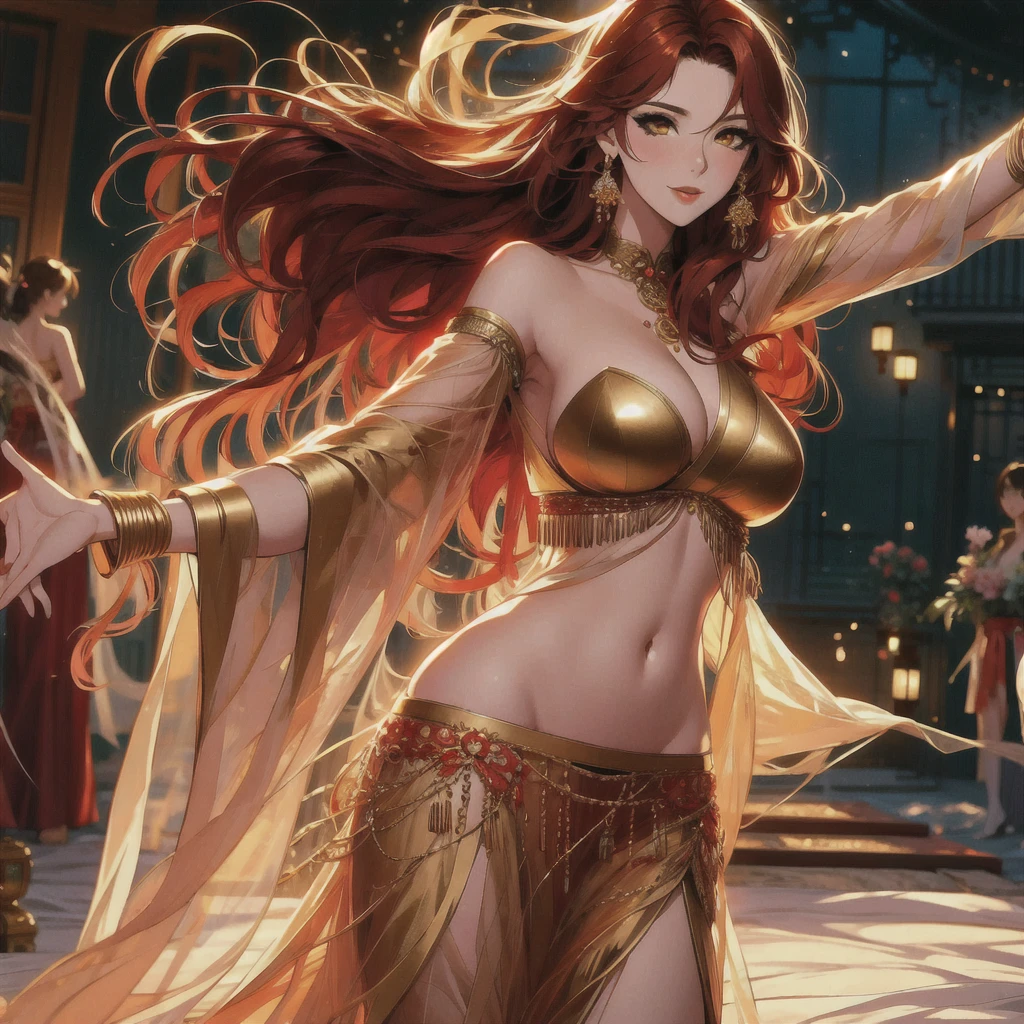 (masterpiece, best quality: 1.2), 1 female, solo, dancing alone, Xian Mei, unique golden eyes, long red curly hair, jewelry, perfect anatomy, perfect body, traditional belly dance dress, medieval China, sexy, hot, beautiful background, belly dance, dance, beautiful dance,