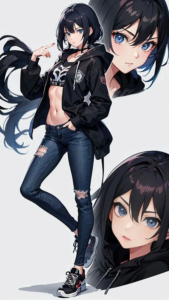 1girl, anime style, skinny body, Anime young girl wearing black hoodie, skinny jeans, black hair, grey blue eyes colour, detailed, 8k, high quality,