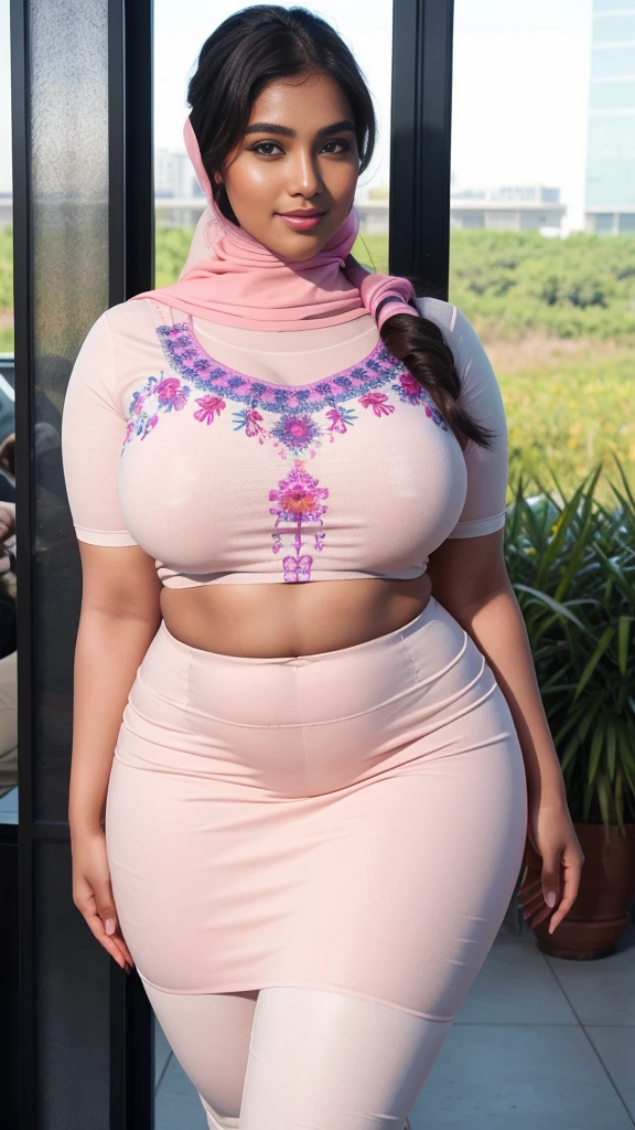 south Indian beautiful woman sexy curvy plus size model wearing different random color skin tight Bollywood Blush Banarasi Dress, eye contact camera view, different style standing position, curvy plus size big hour glass bulky huge figure, big m-cup bulky huge breasts, different style hairstyle, bright eyes, thin eyebrows, fair skin, blushing cheeks, prefect head to thigh close up view, Fashin show background and location, Dreamcatcher Delight Embroidery, ultra realistic skin texture, head to thigh close up view, smile face, shadow lighting effect, hijab