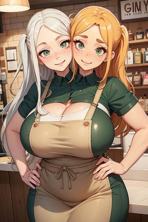 2heads, a very tall chubby woman with 2 heads. Working a coffee shop. Wearing green apron with store logo, wearing worker uniform. Cleavage. Mature, milf. Messy long white hair. Thin face, cute face. Smiling. Blushing. Thick eyeliner. Eyeshadow. Baggy eyes. Extremely tall. Freckles, many freckles. Covered in freckles. 