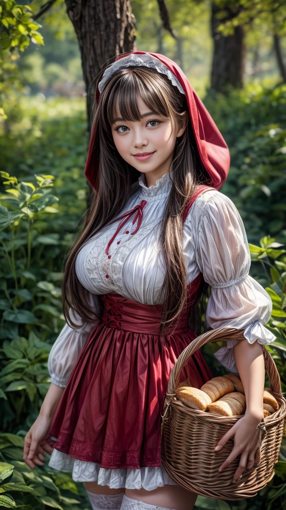 4K, Realistic,Very detailed,((Big Breasts))、18-year-old、((smile))、(Little Red Riding Hood)、(Medieval clothing)、(mini skirt)、Thigh-high stockings、(Carrying a basket of bread and wine)、grassland、((Delicate painting)),(Detailed RAW photos of girls), (Masterpiece:1.25), (Highest quality:1.6), (Ultra-high resolution:1.5), (Realistic:1.75), 8K resolution,:1.6), Canon EOS R5, 50mm,Very detailedな,Cinema Lighting