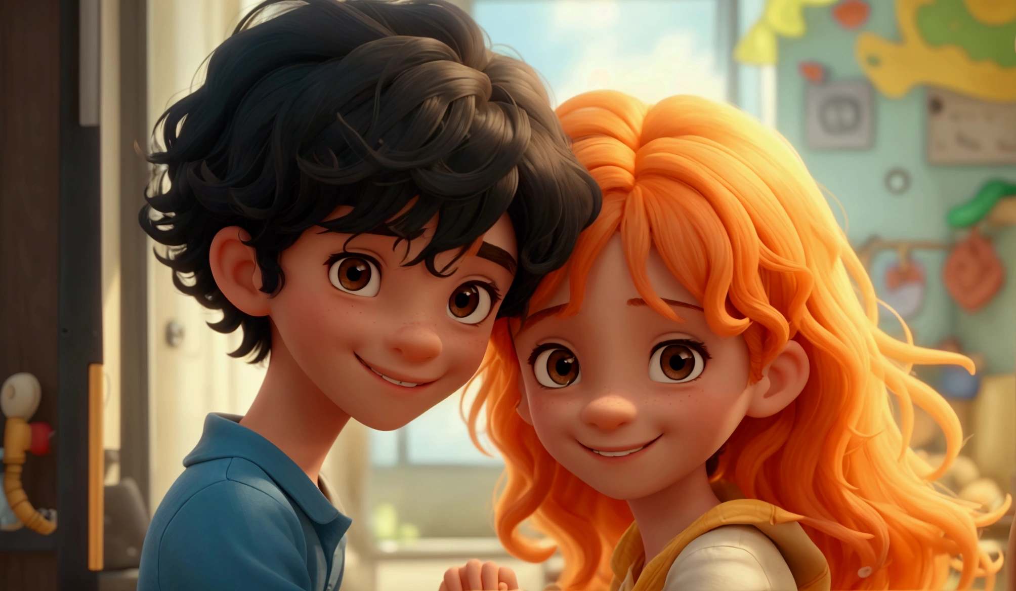a boy Eduardo with short curly black hair, thin with light eyes, he met Clara a girl with long orange hair when they were both just seven years old. She had bright eyes and a smile that lit up any room.