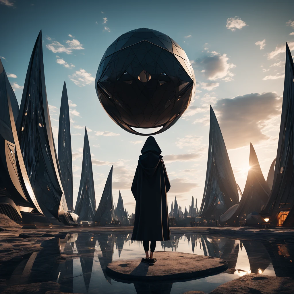 (The best quality)Hooded person looking at the futuristic architecture of an advanced civilization on another planet with dark color palette