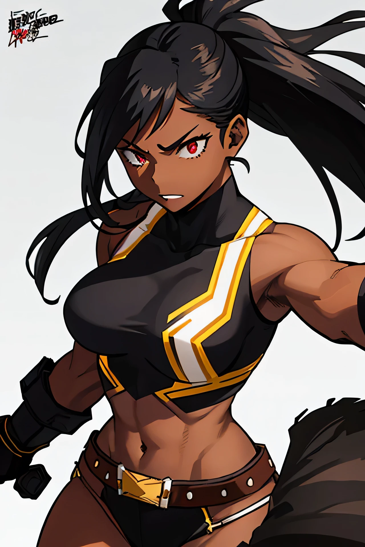 Dark-skinned woman with red eyes, fairly long black hair with a ponytail, strong body and somewhat large thighs and chest, wearing a black and gray hero costume Sleeveless, up to the neck with black stockings with Black with gray, brown gloves and a belt, along with two dark red wings on its back