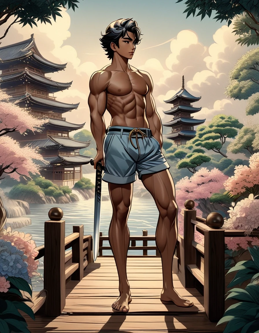 anime+hentai+yaoi style pastel color palette, symmetrical composition, ultra-detailed artistic style, oil painting, full body, perfect composition, perfect anatomy, wearing small shorts, dramatic, natural lighting, a beautiful young man, handsome, tall, perfect feet, Latino, muscles Detailed realistic, body symmetry, he is standing on the bow of a 17th century ship looking at the horizon holding a sword, in the background japanese garden, japanese tradicional arquitecture elements
