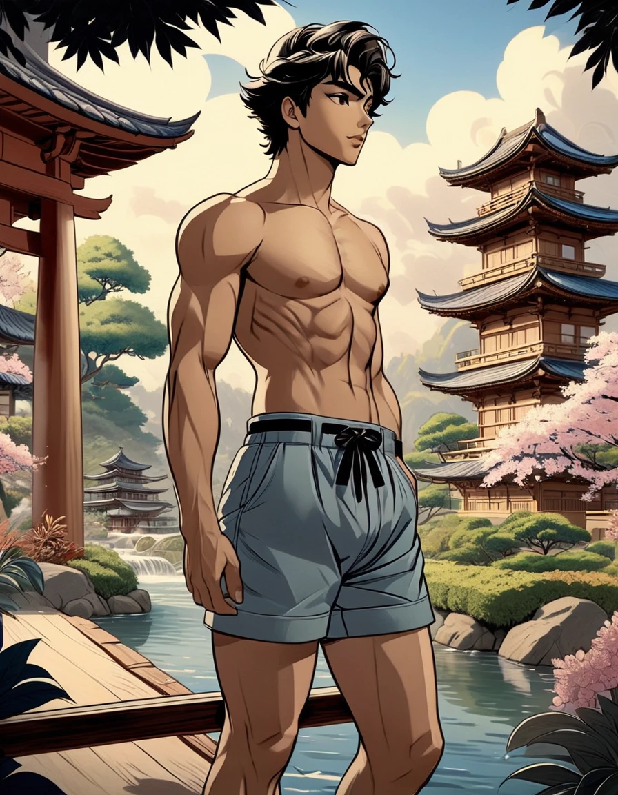 anime+hentai+yaoi style pastel color palette, symmetrical composition, ultra-detailed artistic style, oil painting, full body, perfect composition, perfect anatomy, wearing small shorts, dramatic, natural lighting, a beautiful young man, handsome, tall, perfect feet, Latino, muscles Detailed realistic, body symmetry, he is standing on the bow of a 17th century ship looking at the horizon holding a sword, in the background japanese garden, japanese tradicional arquitecture elements
