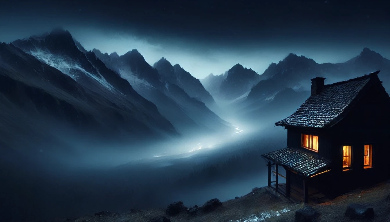 view from a dark window with black walls, outside dark mountains at night and black rain sky