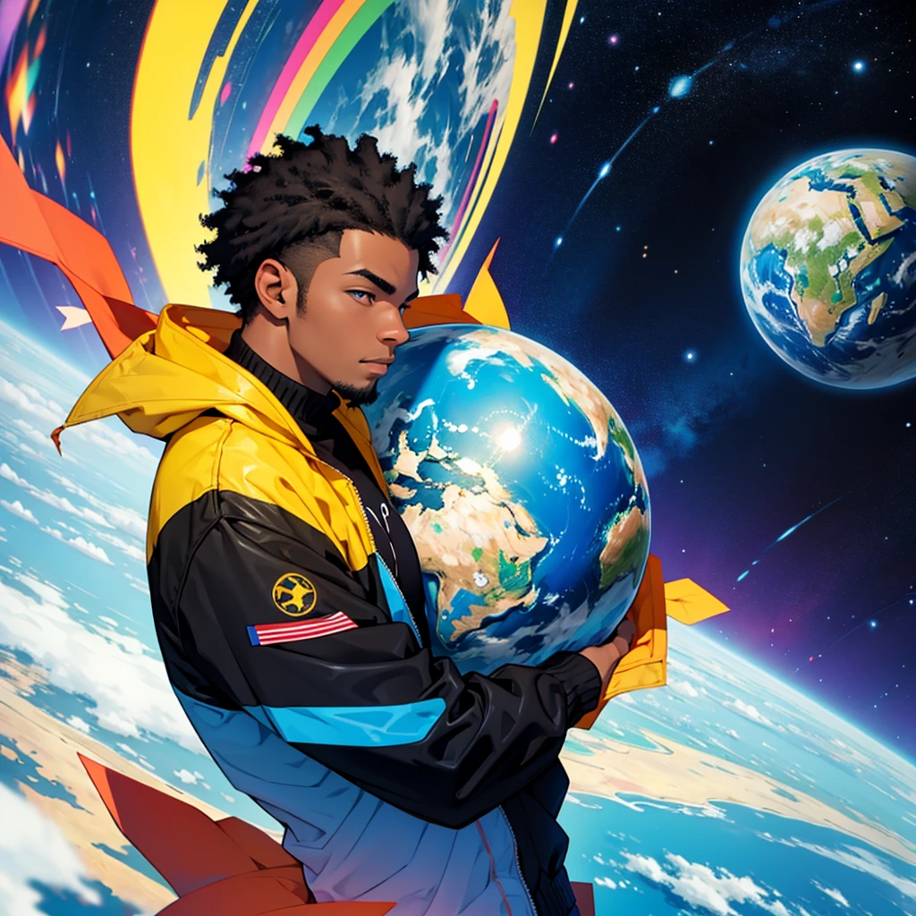 black man thinking about happy life with colorful planet background