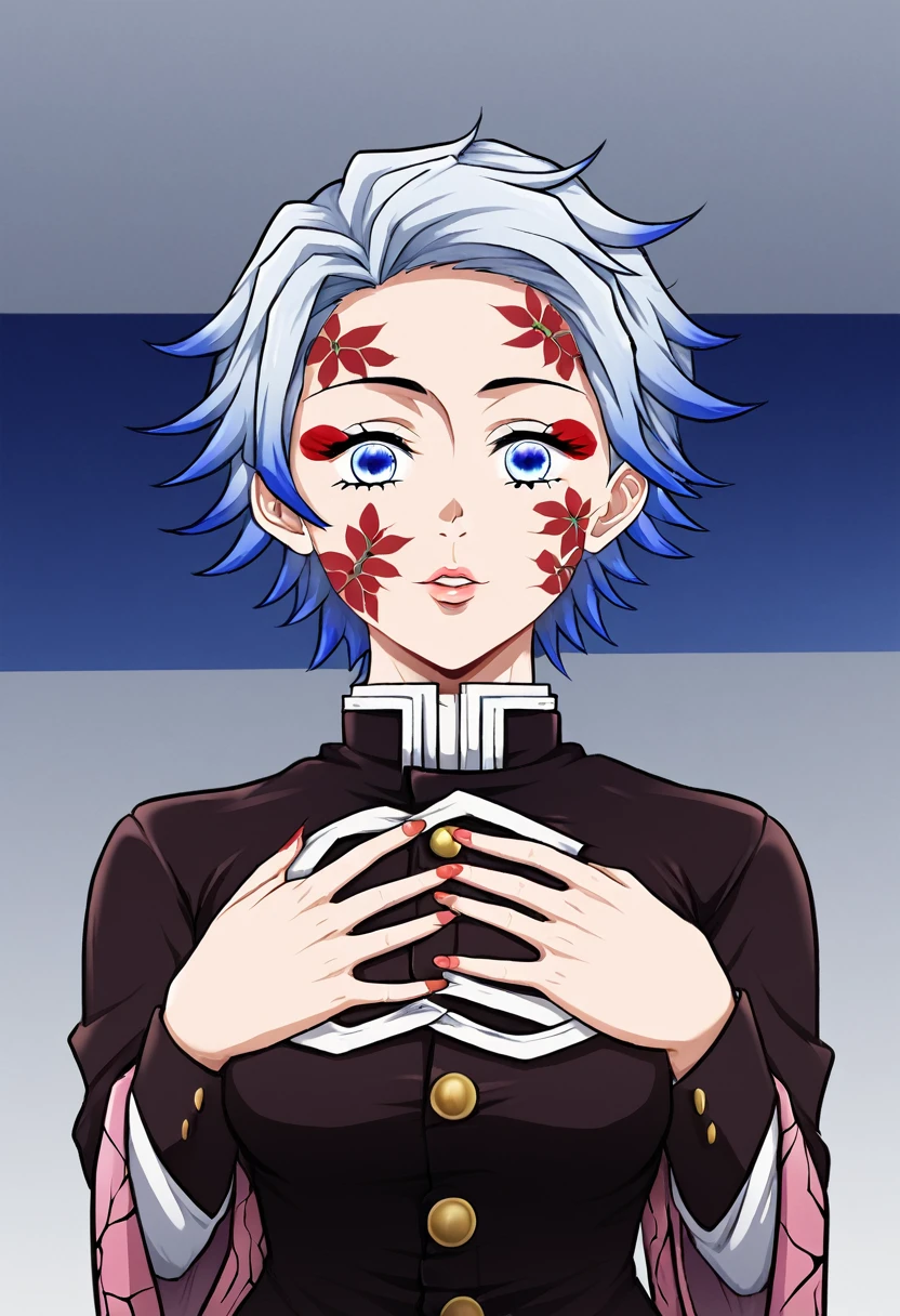 anime girl from the Kimetsu no Yaiba universe! straight and short hair, blue colored eyes, demon hunter outfit. (Illuxxstrandy Artist Style)