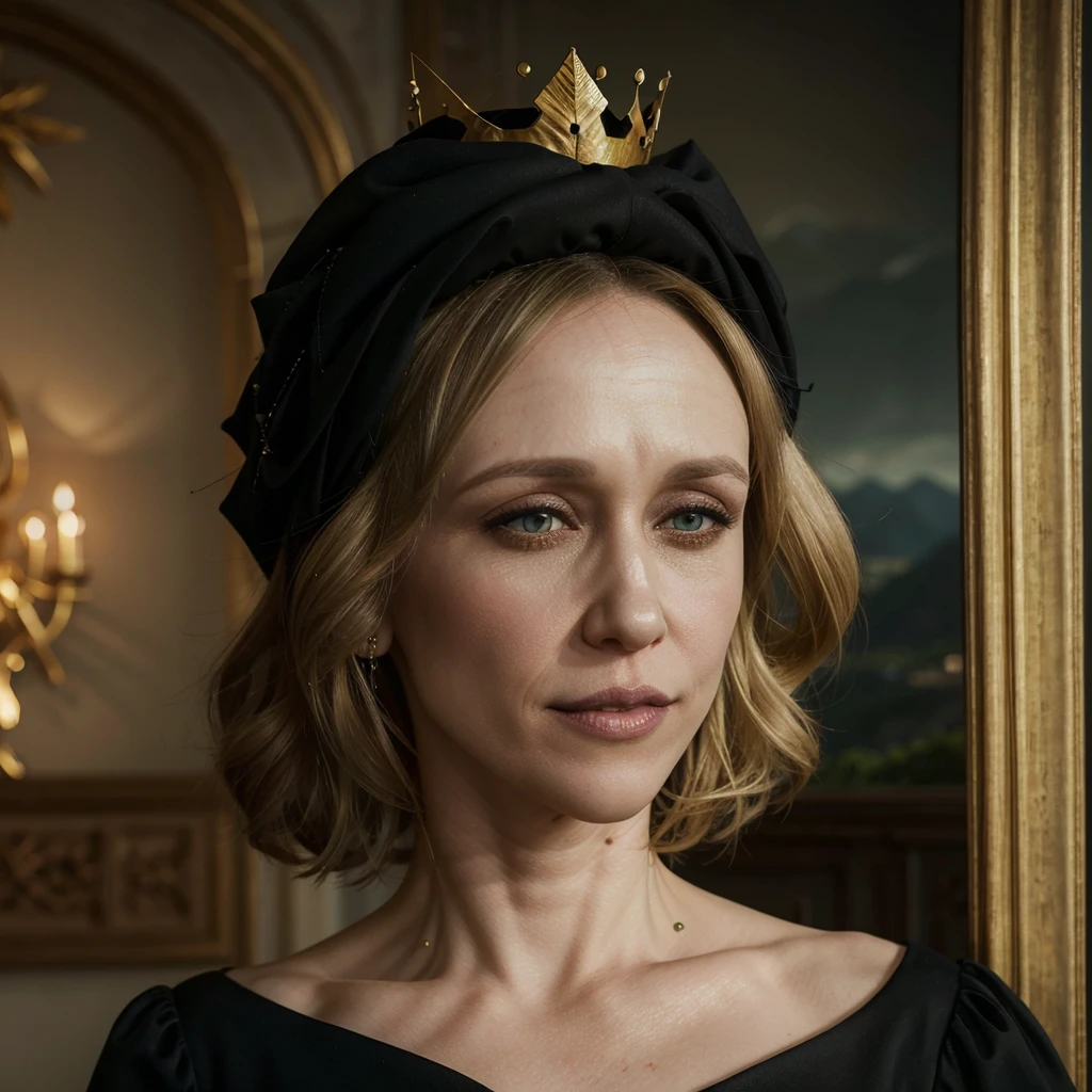 portrait of Vera Farmiga with a golden crown, blonde hair, pale skin, green eyes, black makeup, gothic dress, black dress, in the background a landscape of Brazil with beach and mountains, at day