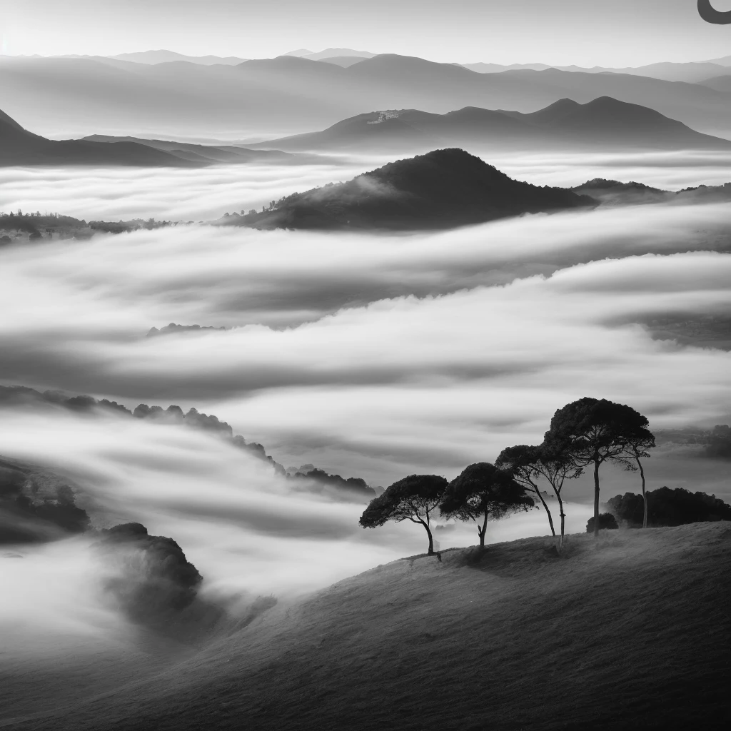 Different trees on a hill with a river with fog in the distance, black and white photography, black-and-white photography, black - and - white photography, award winning landscape, black and white matte, an amazing landscape photo, hasselblad, ilford film, iso 800, f9