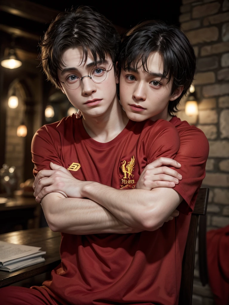 Crea a Harry (by harry potter) with the red liverpool shirt, crossing arms