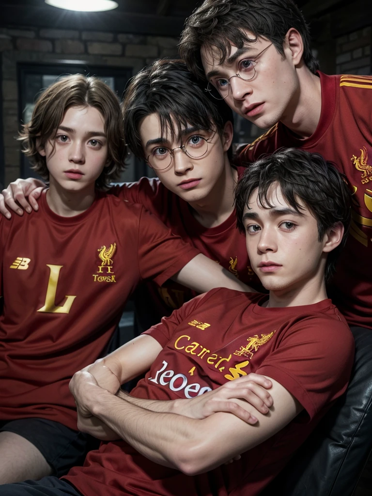 Crea a Harry (by harry potter) with the red liverpool shirt, crossing arms