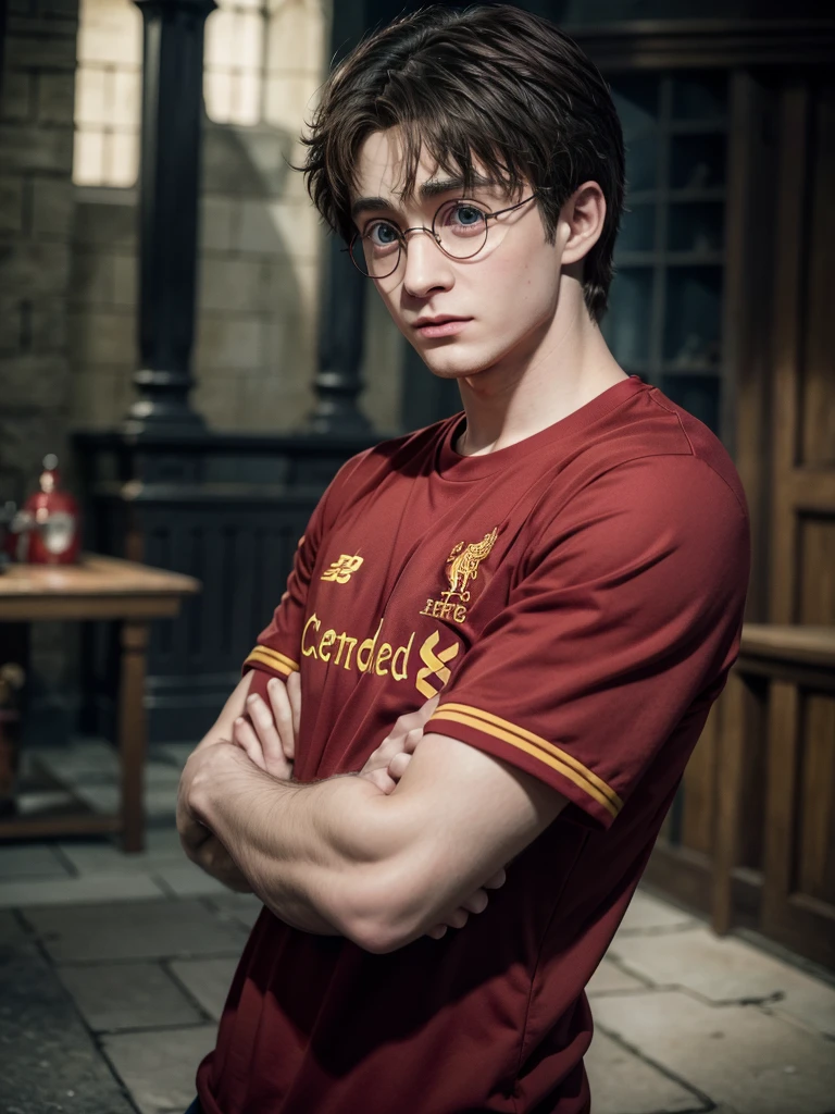Crea a Harry (by harry potter) with the red liverpool shirt, crossing arms