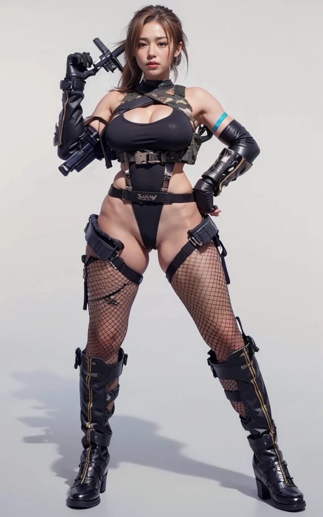 A round-faced female soldier wearing a camouflage micro bikini under her camouflage jacket、26 years old、Beautiful bare legs、Brown Hair、Short ponytail、High resolution、8K、A dull smile、erotic、Beautiful female body、Camouflage hats、Camouflage thong、Black boots、Black gloves、Ammunition belt、suspenders、A tight and toned body、Pussy、pubic hair、 Body shot of the goddess in the movie,Unreal Engine Characters、Standing posture、height: 175cm、Large Breasts、Big Ass、
