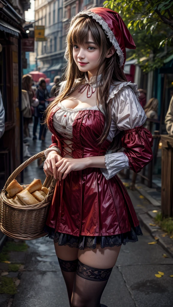 4K, Realistic,Very detailed,((Big Breasts))、18-year-old、((smile))、((blunt bangs))、(Little Red Riding Hood)、(Medieval clothing)、(mini skirt)、Thigh-high stockings、(Carrying a basket of bread and wine)、grassland、((Delicate painting)),(Detailed RAW photos of girls), (Masterpiece:1.25), (Highest quality:1.6), (Ultra-high resolution:1.5), (Realistic:1.75), 8K resolution,:1.6), Canon EOS R5, 50mm,Very detailedな,Cinema Lighting