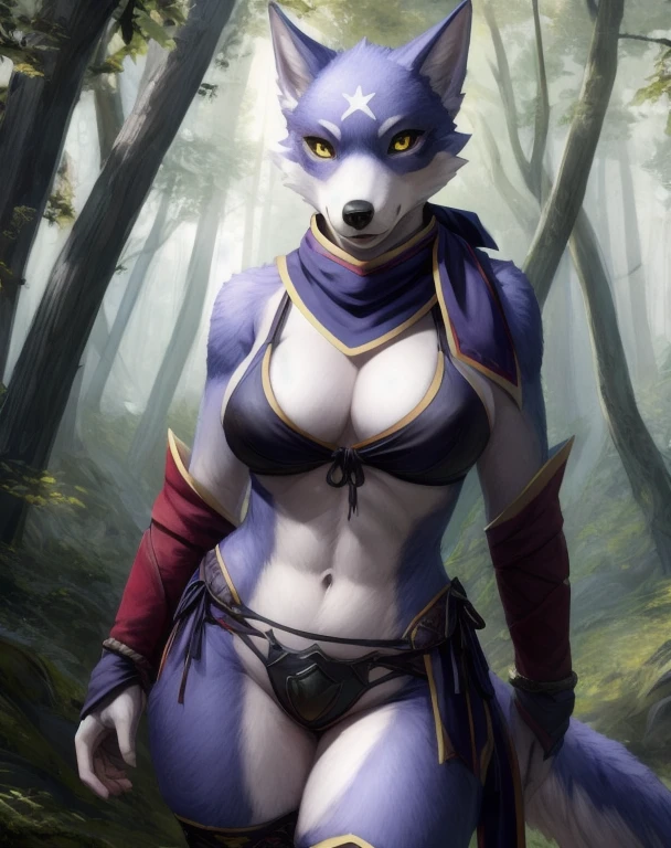 character portrait of a sexy,(female),(anthro:1.2),palamute,solo,hi res,soft shading,good anatomy,tail,cinematic lighting,by seraziel,by woolrool,buta99,detailed background,realistic,athletic,forest,scarf,elbow gloves,thighhighs,scarf over breast,black sclera,armor panties,bikini top,yellow eyes,