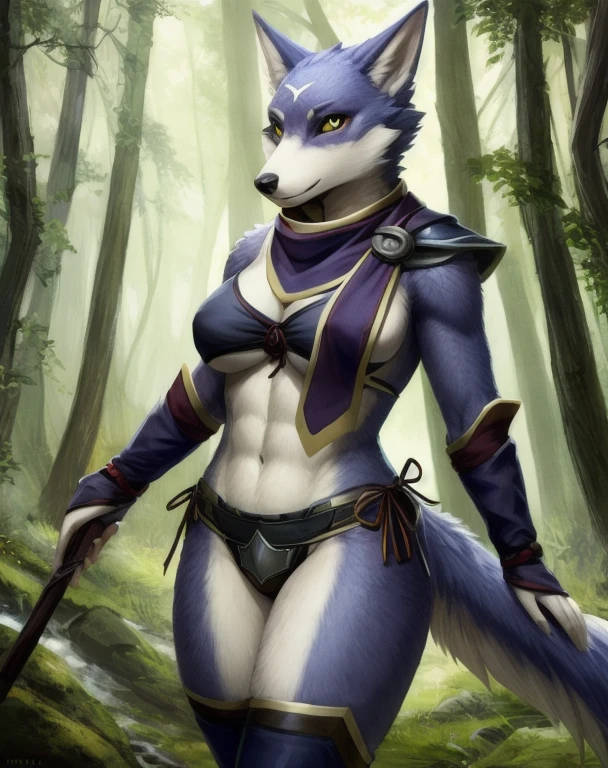 character portrait of a sexy,(female),(anthro:1.2),palamute,solo,hi res,soft shading,good anatomy,tail,cinematic lighting,by seraziel,by woolrool,buta99,detailed background,realistic,athletic,forest,scarf,elbow gloves,thighhighs,scarf over breast,black sclera,armor panties,bikini top,yellow eyes,