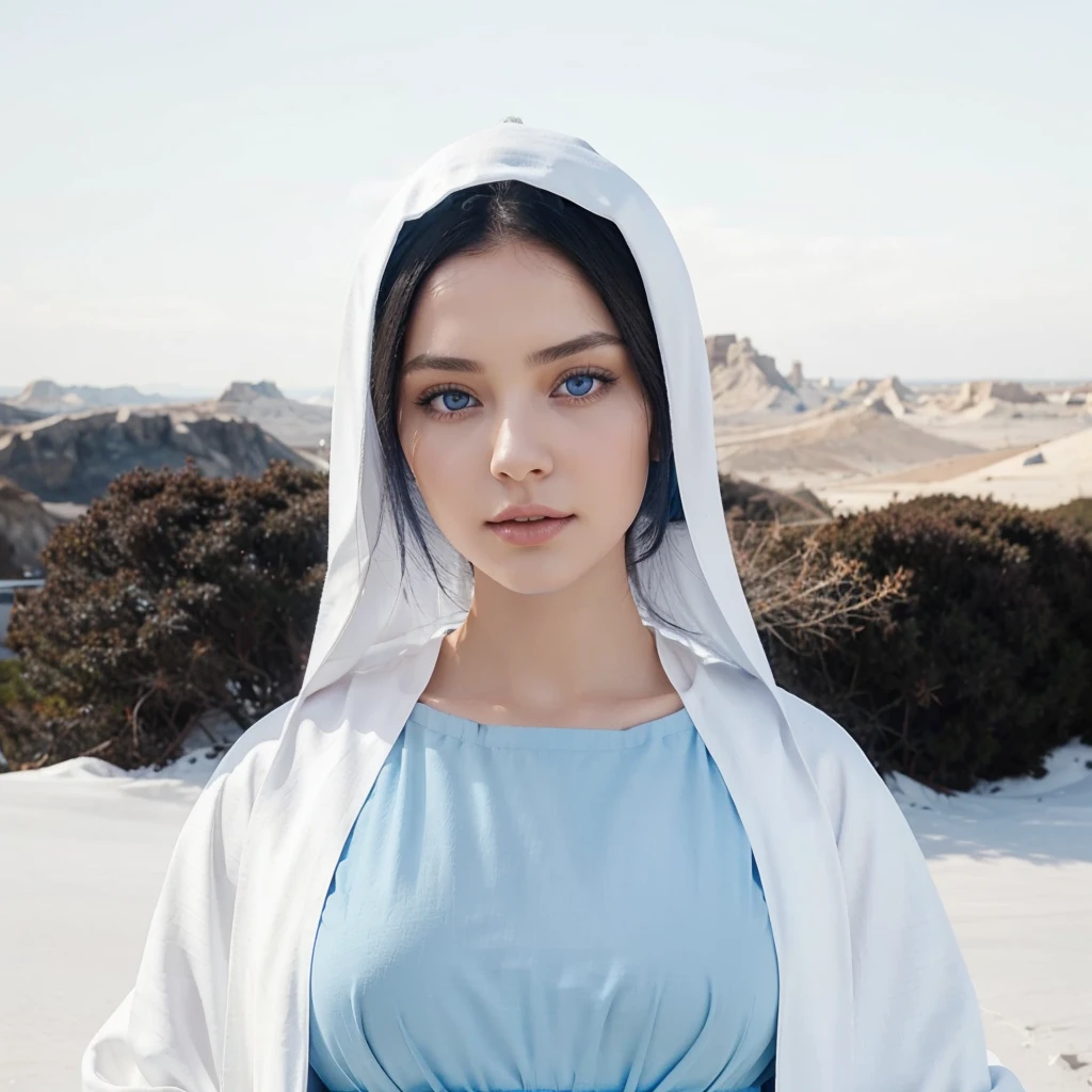 Beautiful woman with light blue eyes, Long black hair Wears a blue tunic with wide, long sleeves adjusted at the waist by a white sash, wears a white cloak