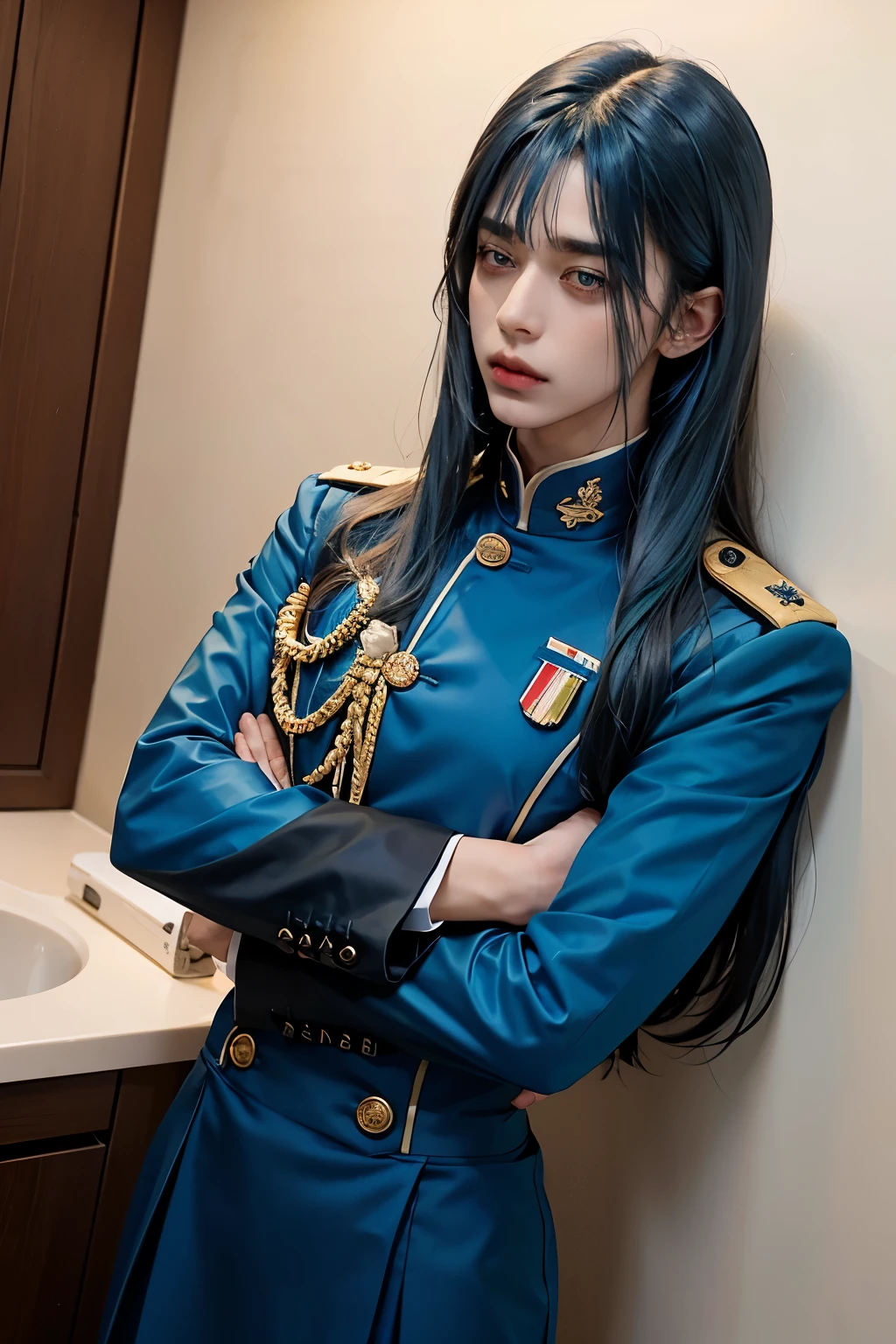 Male, long hair with bangs, blue hair, boy, uniform, slim, troubled face