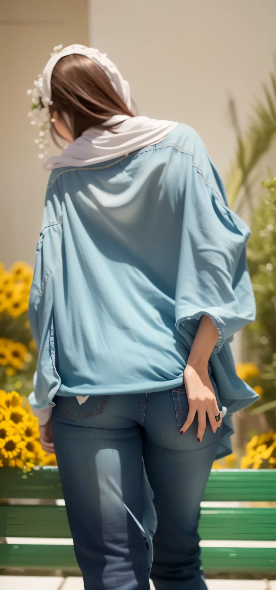 A woman wearing flared jeans and a full white hijab, full body photography from the back, long and wide leg jeans, a big butt, and a wide leg