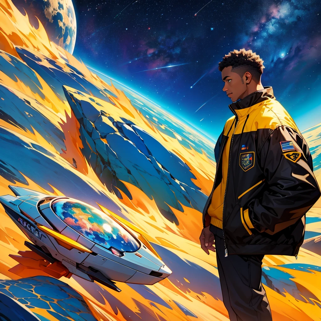 black man thinking about happy life with colorful planet background