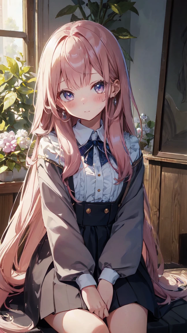 masterpiece、Highest quality、Highest quality、(((upon)))、 ((Blushing with an embarrassed look))、Hair quality and shine、Small face、Sitting、Very detailed, beautiful, Big eyes、Super detailed, clear and beautiful faces、(Cute illustrations:1.2), High resolution, Super detailed, Highest quality, Embarrassing、Semi-long hair、morning、The sunlight comes out