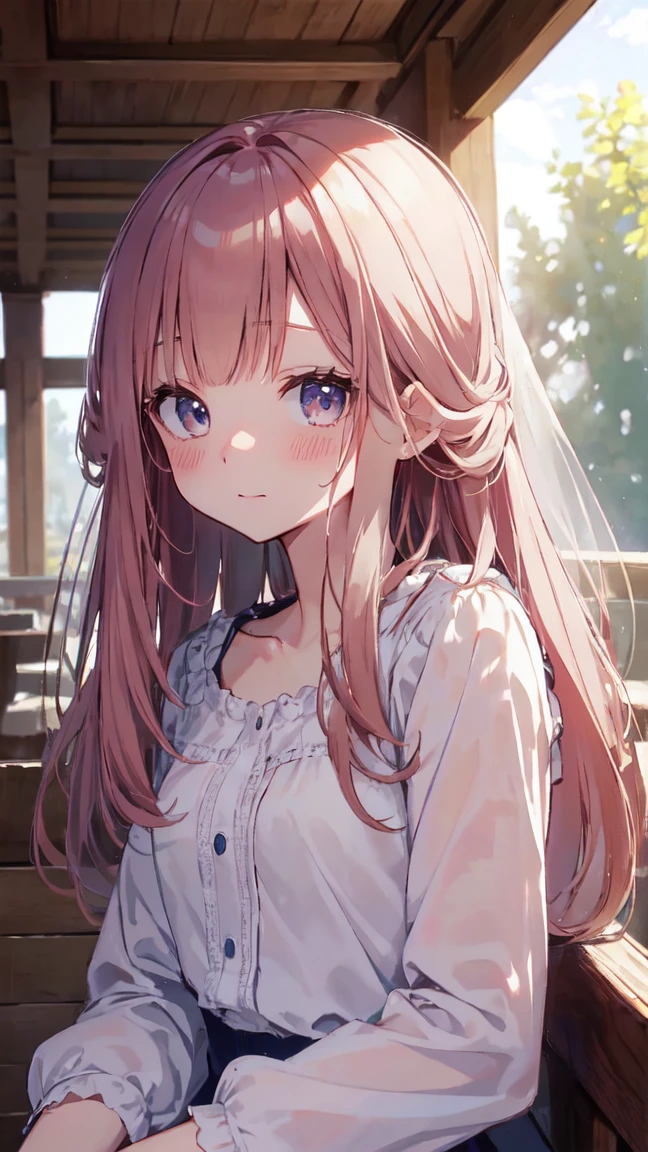 masterpiece、Highest quality、Highest quality、(((upon)))、 ((Blushing with an embarrassed look))、Hair quality and shine、Small face、Sitting、Very detailed, beautiful, Big eyes、Super detailed, clear and beautiful faces、(Cute illustrations:1.2), High resolution, Super detailed, Highest quality, Embarrassing、Semi-long hair、morning、The sunlight comes out