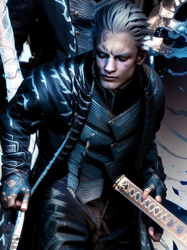 Vergil, blue clothing, robe, katana with white handle, devil may cry, white hair, slick back, blue eyes, cold stare, holding katana, detailed, realistic, dynamic pose, swinging katana, facing viewer, fight scene, running, detailed background, destroyed city, fire, human, high quality, highest quality