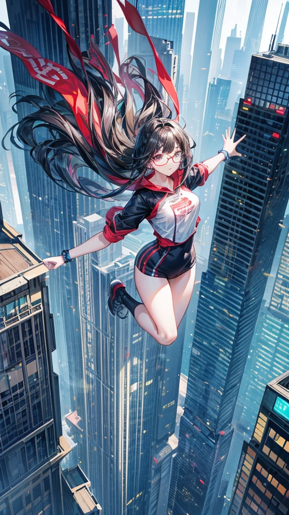 super masterpiece、Masterpiece、High quality、Best Quality、1 girl、Cyber City、Black hair blunt、Round Glasses、Jumping from building to building in parkour