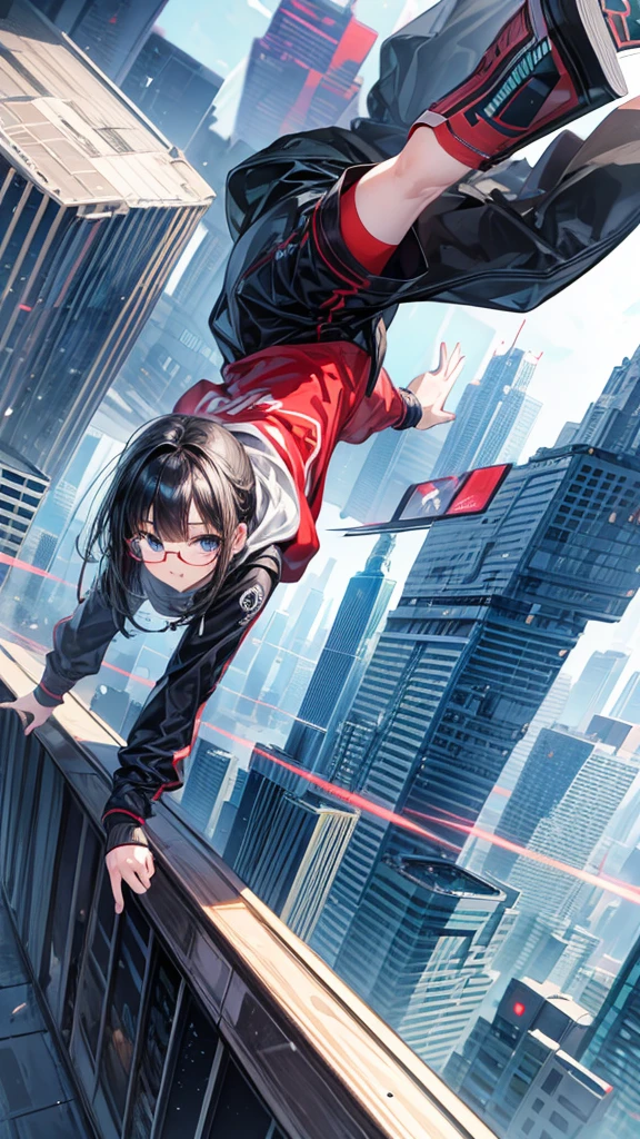 super masterpiece、Masterpiece、High quality、Best Quality、1 girl、Cyber City、Black hair blunt、Round Glasses、Jumping from building to building in parkour