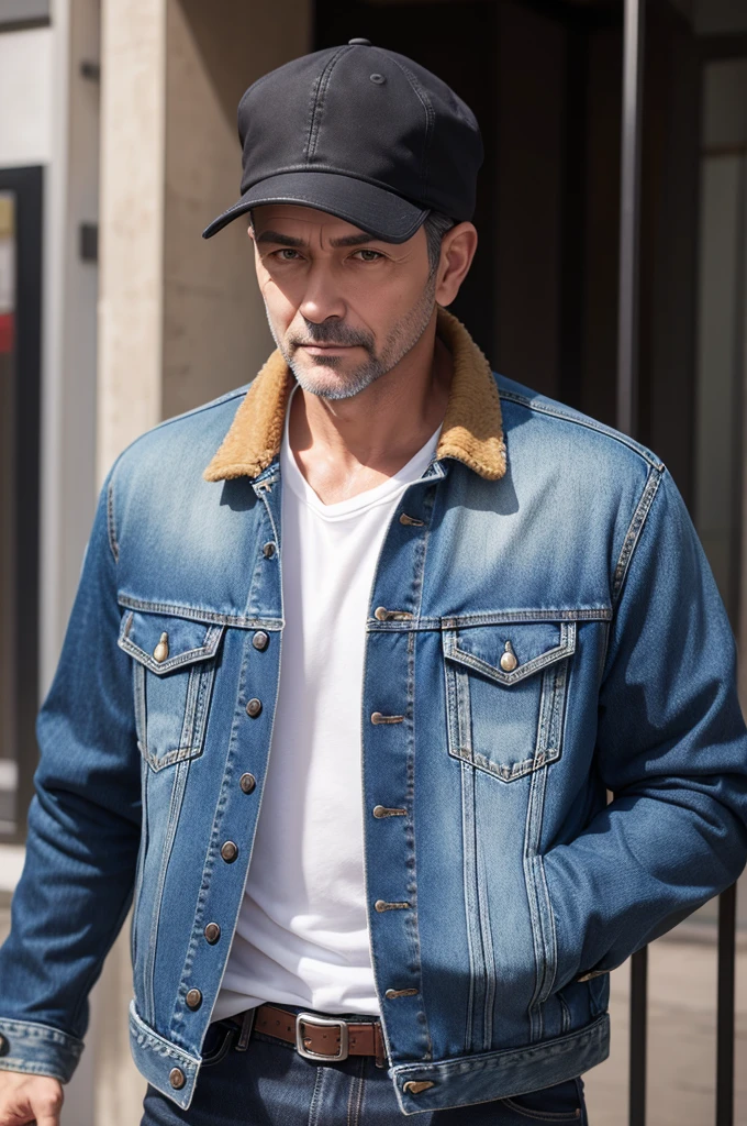 Brunette man 40 years old with stylish clothes, denim jacket and jeans, Black cap, ultra-realistic photos 