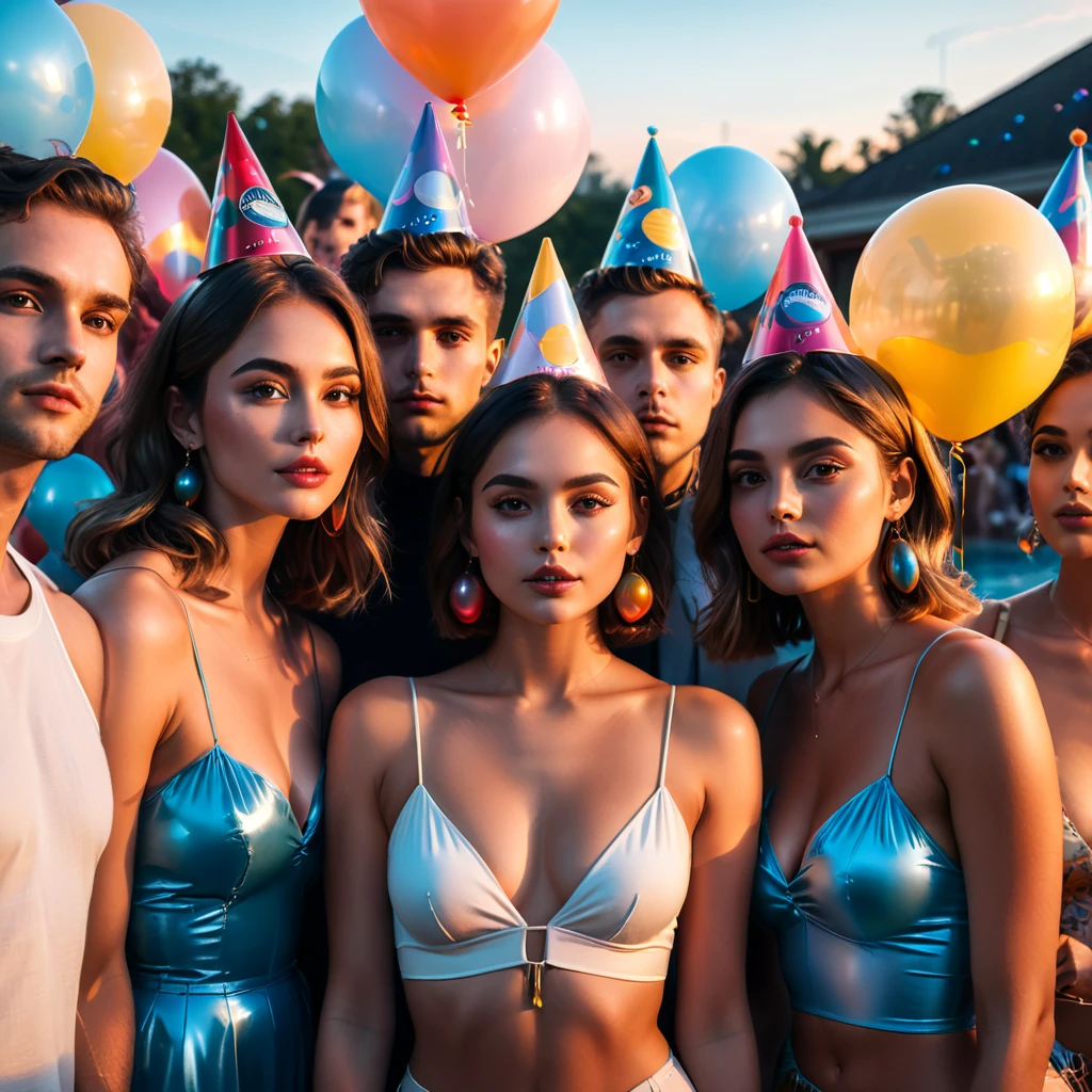 (group of diverse pool party guests,detailed gorgeous faces,party hat,turtleneck top,perfect anatomy,innocent),cocktail,party balloons,swimming pool,sunset,cinematic lighting,(masterpiece,8k,Professional,perfect composition,very aesthetic,absurdres,ultra-detailed,intricate details:1.2),perfect proportion