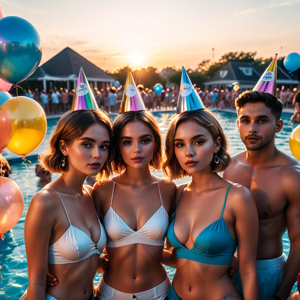 (group of diverse pool party guests,detailed gorgeous faces,party hat,turtleneck top,perfect anatomy,innocent),cocktail,party balloons,swimming pool,sunset,cinematic lighting,(masterpiece,8k,Professional,perfect composition,very aesthetic,absurdres,ultra-detailed,intricate details:1.2),perfect proportion