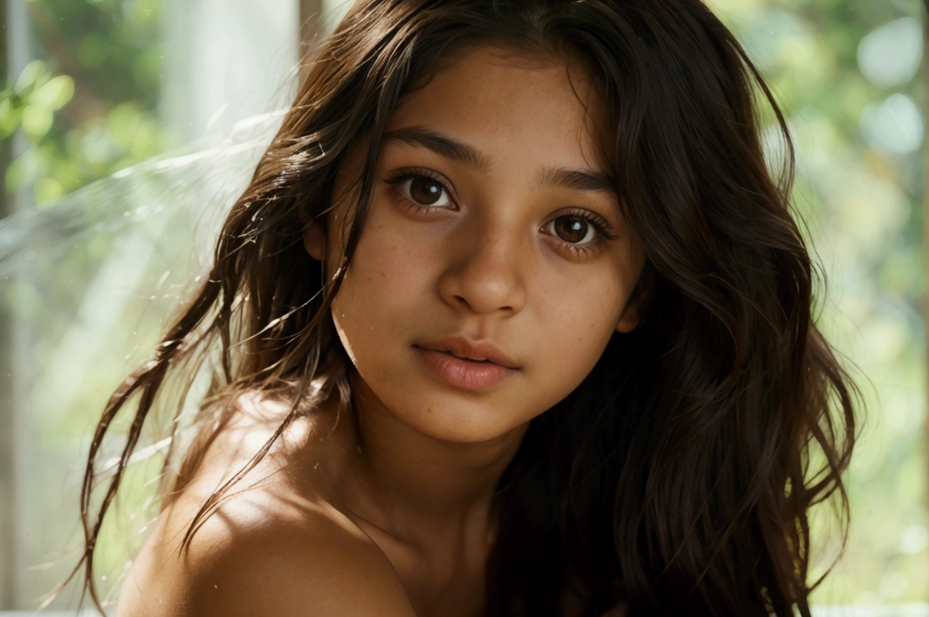 Detailed and realistic portrait of a beautiful 11 year old Latina girl, roundly eyes, murky, fullnude　fullbody image、