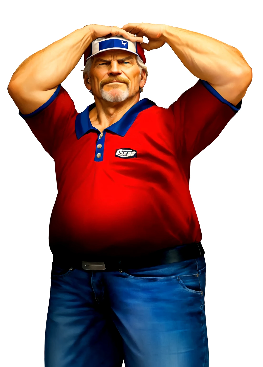 a close up of a man in his 60s wearing a red shirt and blue jeans, as a character in tekken, beefy, realistic textures, jeff bridges with a goatee, angry at you with disbelief for what you did, Out Run 2 flagman, 2 k, 2k, muscular bernie sanders, buff man, character from king of fighters, robust stocky body, hide the pain harold, name of character is flagman, wise face, his cap has a SEGA logo on it, (short GREY hair), mouth semi-open in disbelief