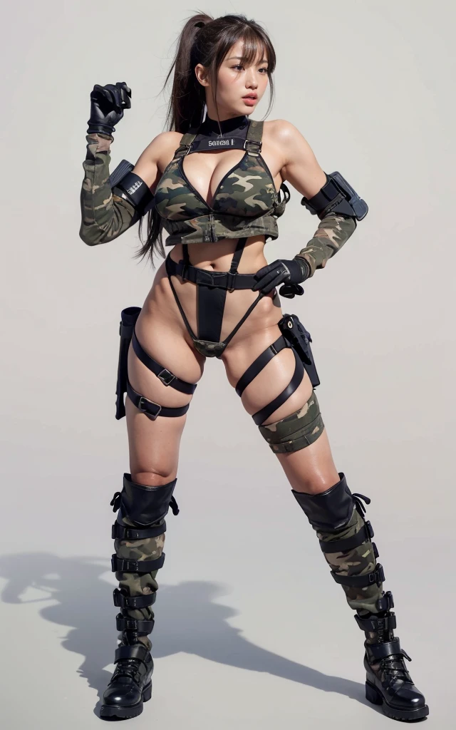 A round-faced female soldier wearing a camouflage micro bikini under her camouflage jacket、26 years old、Beautiful bare legs、Brown Hair、Short ponytail、High resolution、8K、A dull smile、erotic、Beautiful female body、Camouflage hats、Camouflage thong、Black boots、Black gloves、Ammunition belt、suspenders、A tight and toned body、Pussy、pubic hair、 Body shot of the goddess in the movie,Unreal Engine Characters、Standing posture、height: 175cm、Large Breasts、Big Ass、
