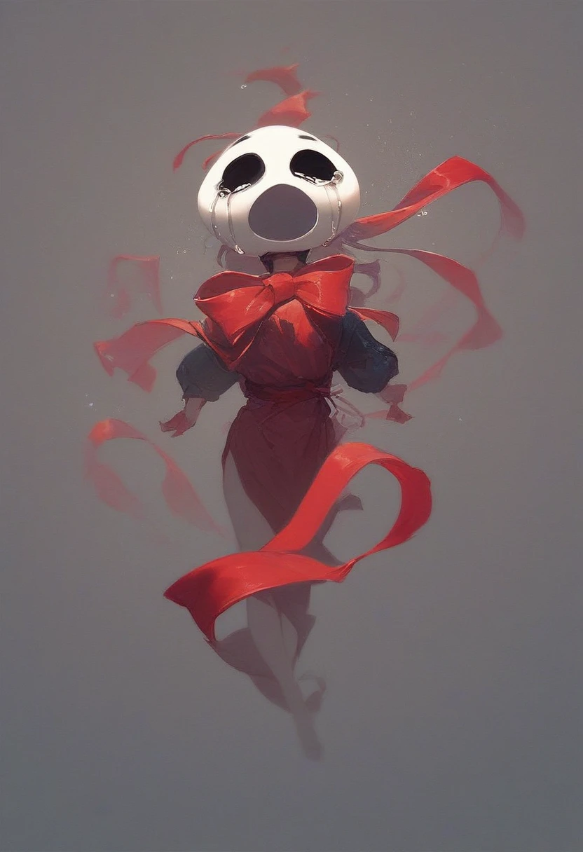 gangle, 1girl, solo, black eyes, tears, red ribbon skin, no humans, mask, floating white mask, crying, full body, source, source_cartoon, open mouth