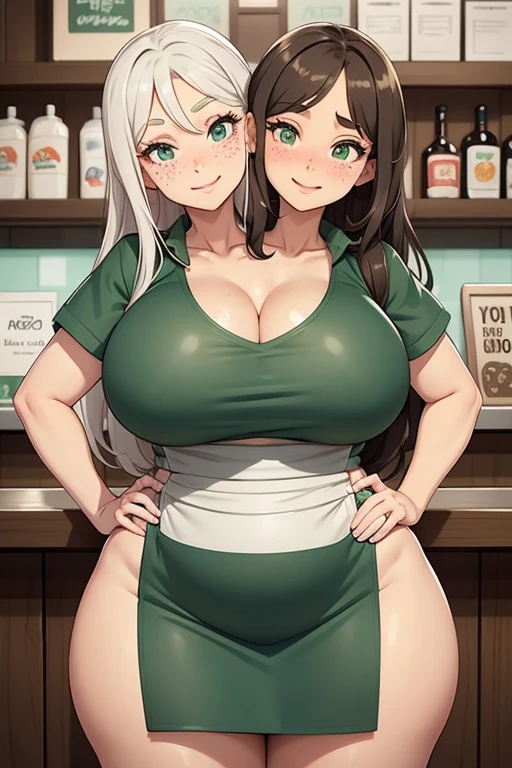 2heads, a very tall chubby woman with 2 heads. Working behind the counter at the register at a coffee shop. Wearing green apron with store logo, wearing worker uniform. Cleavage. Mature, milf. Messy long white hair. Thin face, cute face. Smiling. Blushing. Thick eyeliner. Eyeshadow. Baggy eyes. Extremely tall. Freckles, many freckles. Covered in freckles. 