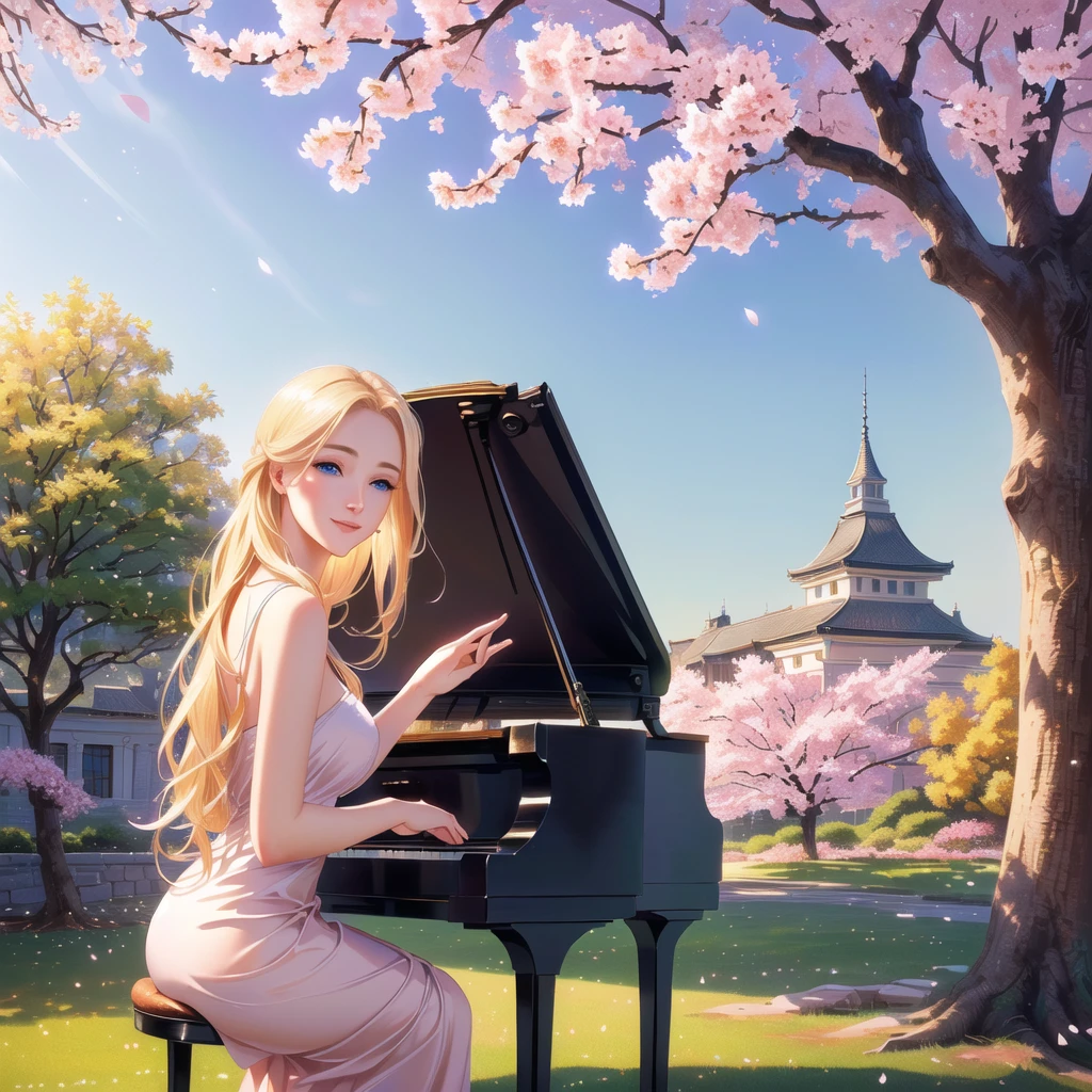 a beautiful blonde girl smiling, with stunning blue eyes, playing a grand piano under a blooming cherry blossom tree, masterpiece, (best quality,4k,8k,highres,masterpiece:1.2),ultra-detailed,(realistic,photorealistic,photo-realistic:1.37),intricate details,exquisite textures,soft lighting,warm color palette,cinematic composition,dramatic lighting,dramatic pose,elegant,graceful,serene,peaceful,calming,fantasy,digital painting,oil painting,photorealistic,highly detailed